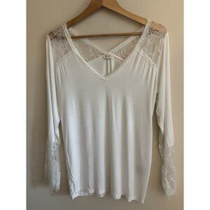 POL White Blouse Women’s Large Taupe Lace Romantic Long Sleeve Top Medium